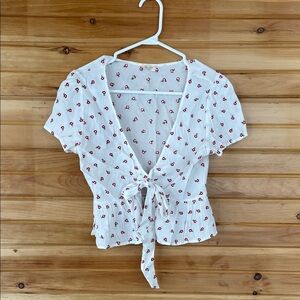 Brandy Melville White and Red Floral Tie-Front Blouse